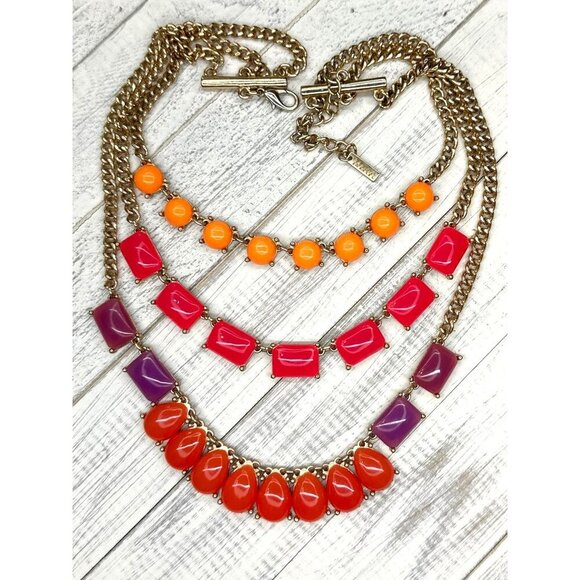 MIKA Statement Necklace Triple Layered Chunky Statement Gold Tone Coral Orange P - Picture 4 of 5